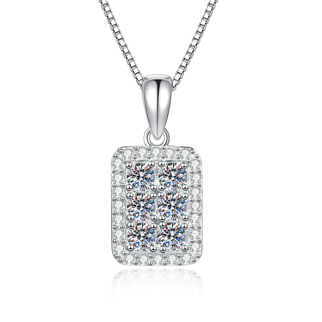 Rectangular Pavé Moissanite Pendant Necklace with Cubic Zirconia in Platinum-Plated S925 Sterling Silver on clean white background showing the rectangular pavé pendant with rows of moissanite sparkle
