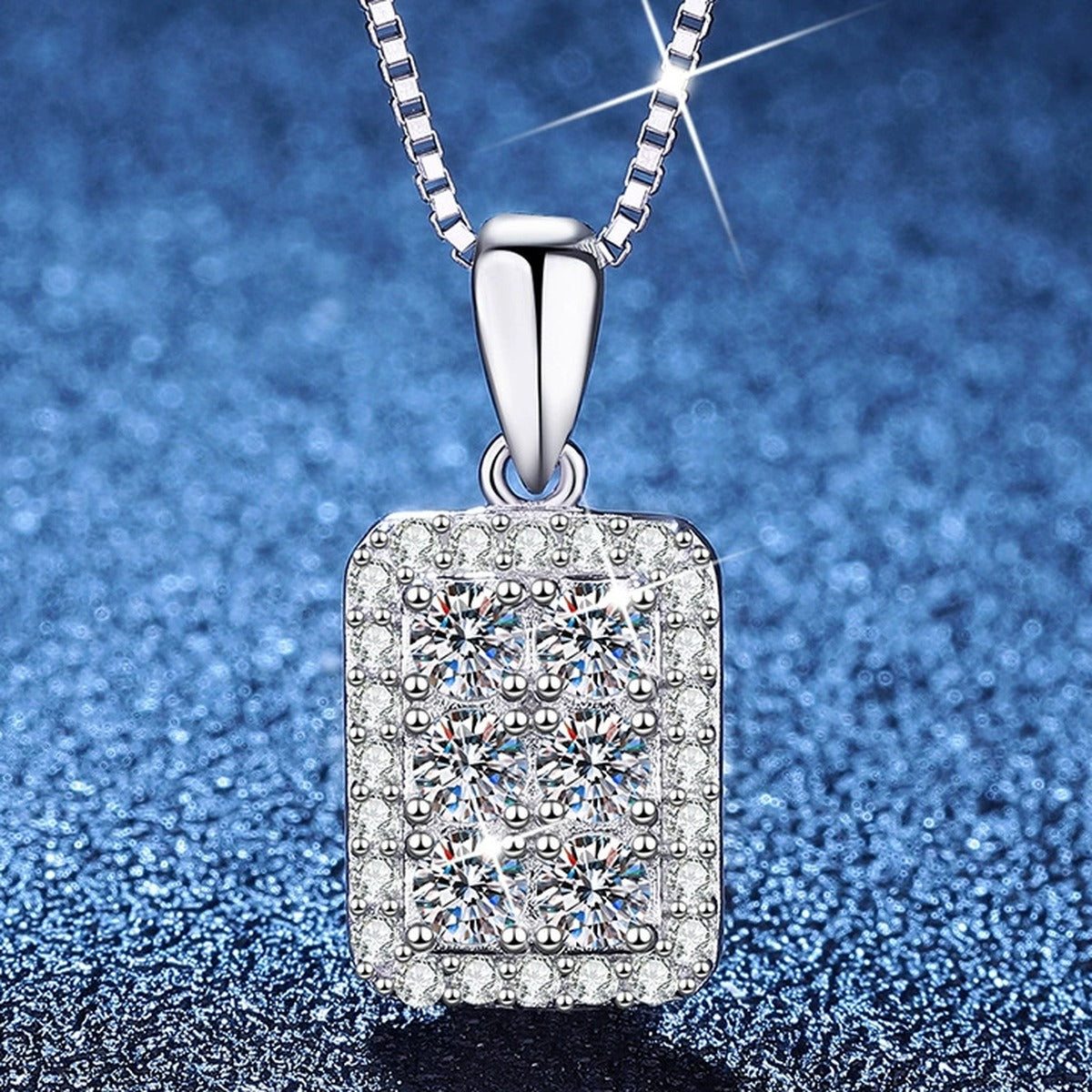 Rectangular Pavé Moissanite Pendant Necklace with Cubic Zirconia in Platinum-Plated S925 Sterling Silver blue background product view
