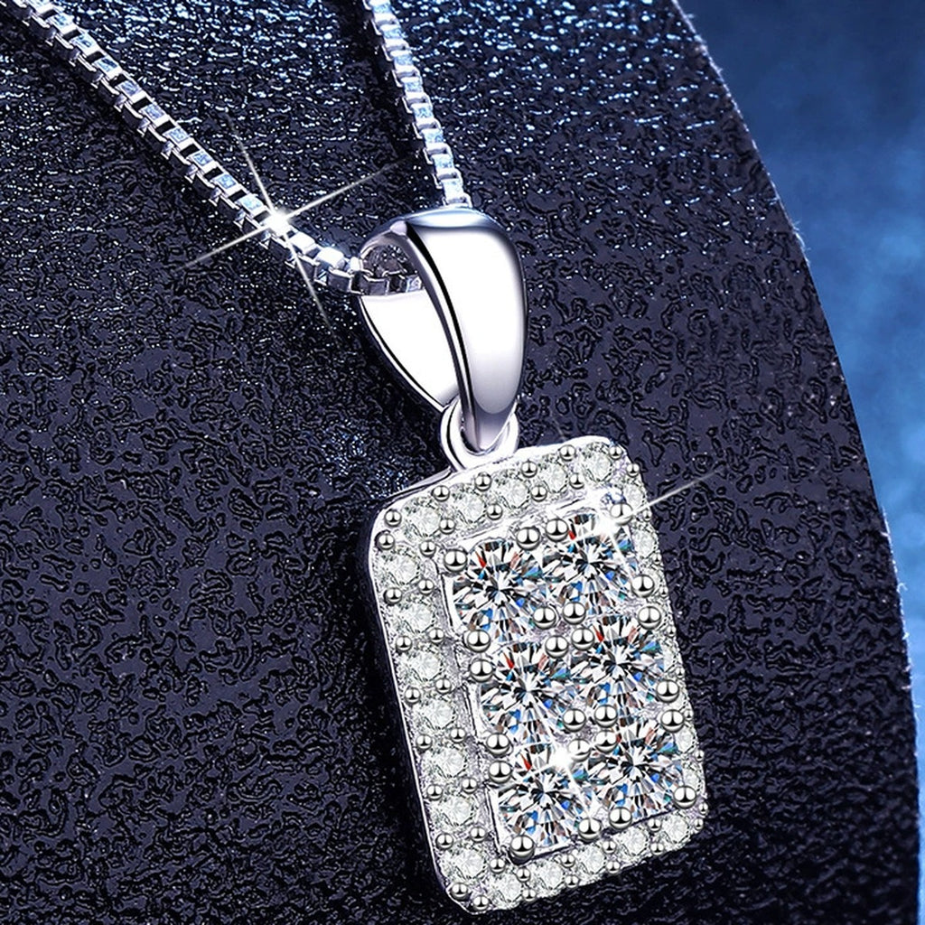 Rectangular Pavé Moissanite Pendant Necklace with Cubic Zirconia in Platinum-Plated S925 Sterling Silver dark background product display view
