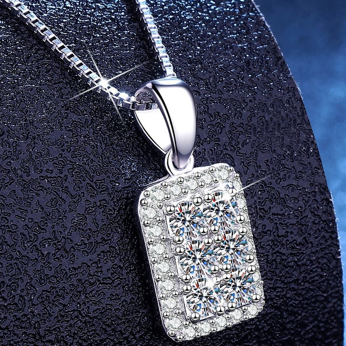 Rectangular Pavé Moissanite Pendant Necklace with Cubic Zirconia in Platinum-Plated S925 Sterling Silver dark background product display view