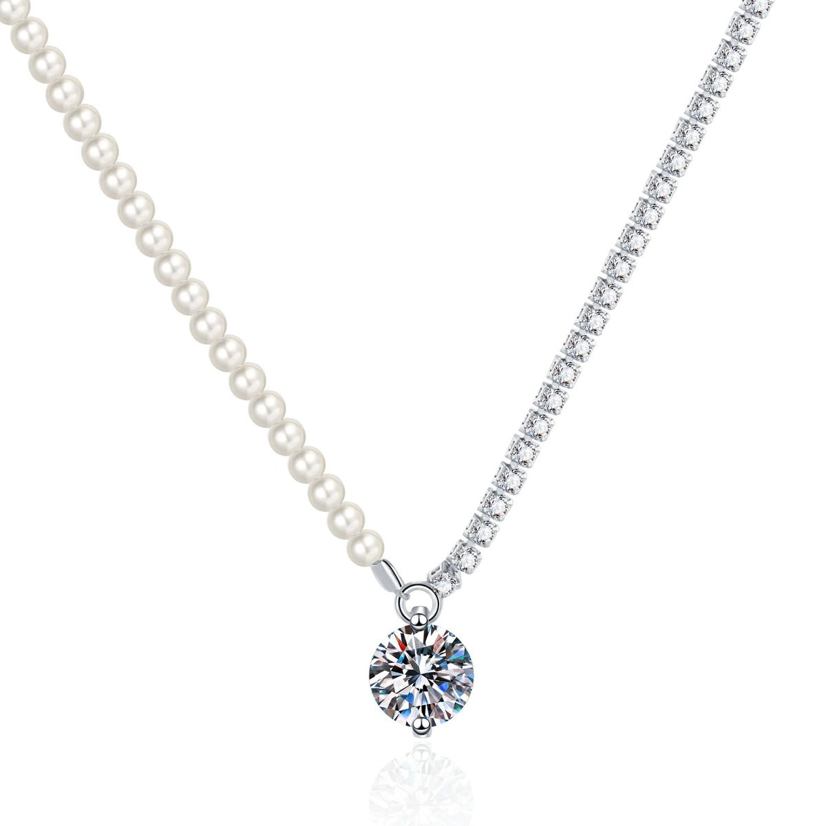 Pearl Strand Moissanite Pendant Necklace with Cubic Zirconia in Platinum-Plated S925 Sterling Silver on clean white background showing the asymmetrical pearl and chain necklace with a round moissanite pendant