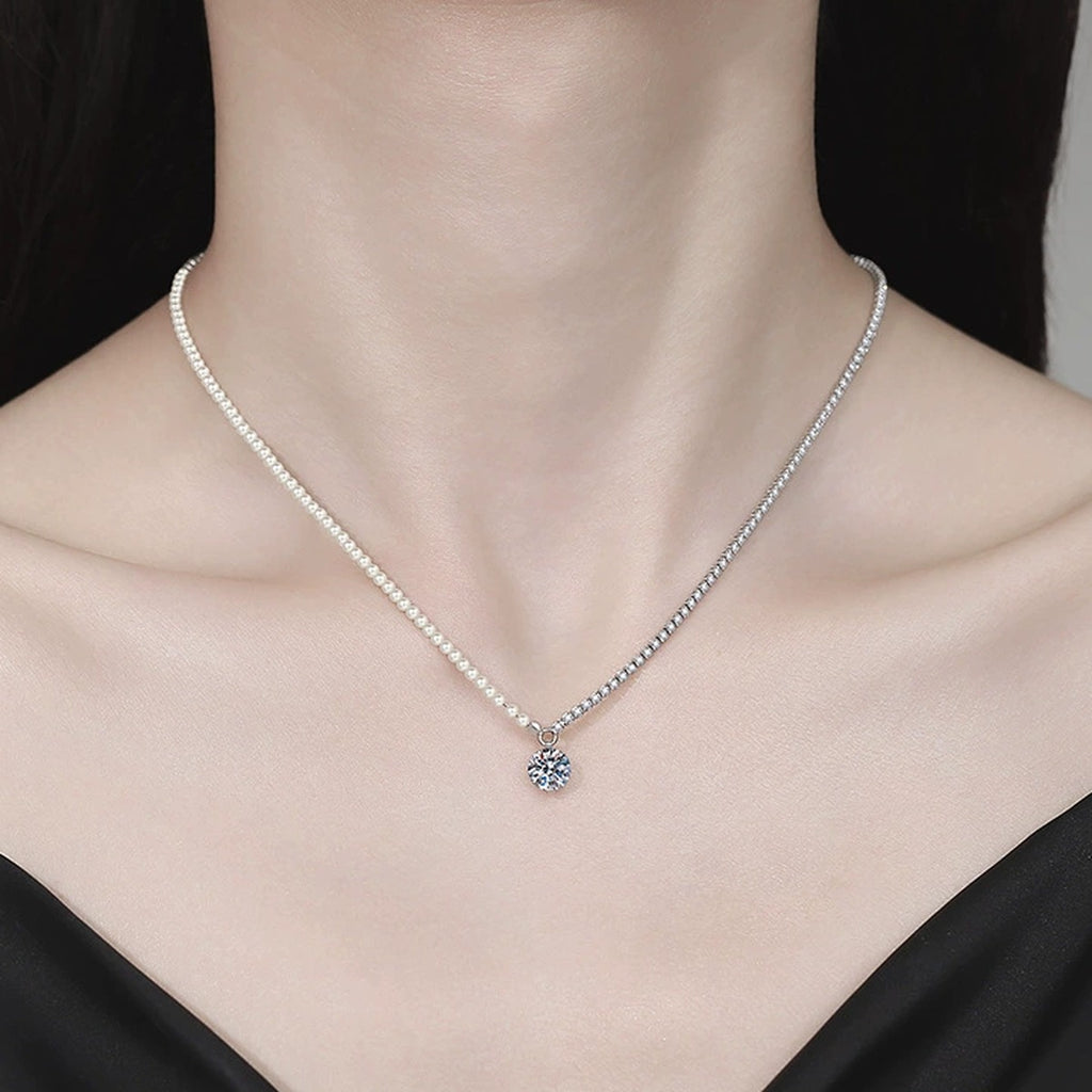 Pearl Strand Moissanite Pendant Necklace with Cubic Zirconia in Platinum-Plated S925 Sterling Silver worn on neckline by model