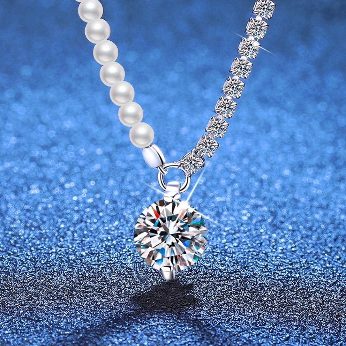 Pearl Strand Moissanite Pendant Necklace with Cubic Zirconia in Platinum-Plated S925 Sterling Silver blue background product view