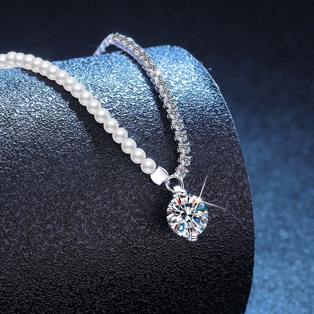 Pearl Strand Moissanite Pendant Necklace with Cubic Zirconia in Platinum-Plated S925 Sterling Silver blue background angled view