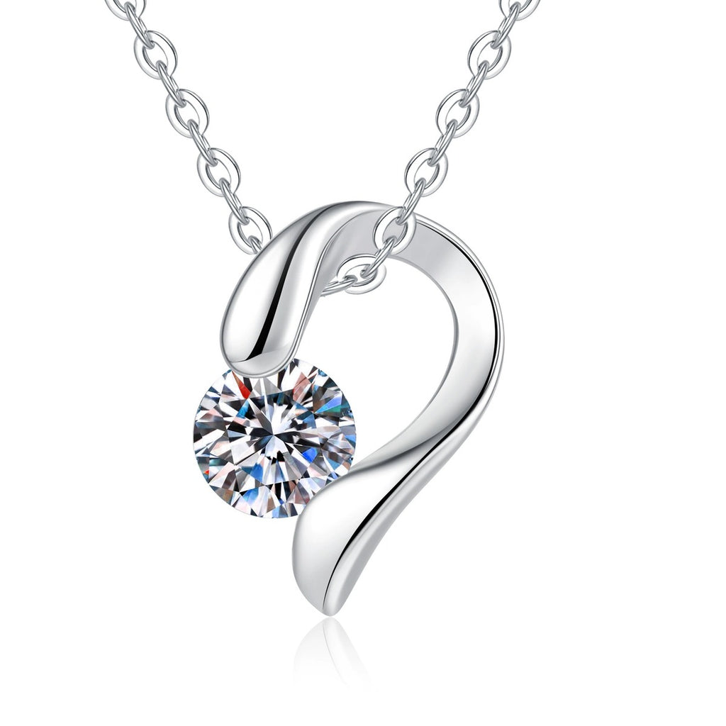 Swirl Moissanite Pendant Necklace in S925 Sterling Silver on clean white background showing the curved swirl pendant offered in white gold and yellow gold finishes
