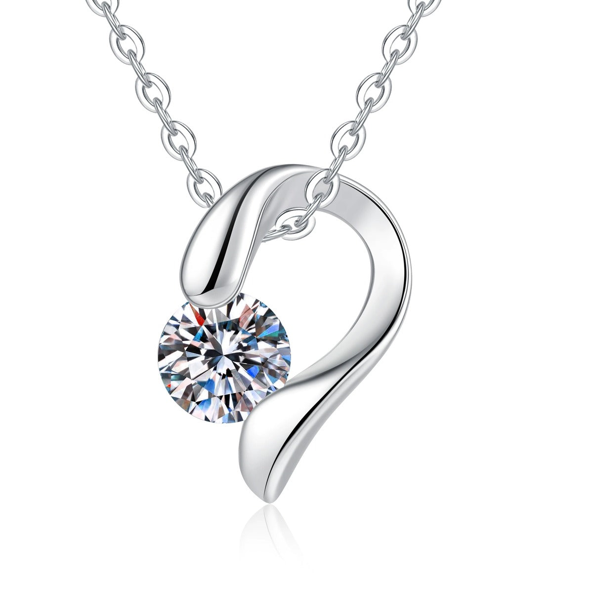 Swirl Moissanite Pendant Necklace in S925 Sterling Silver on clean white background showing the curved swirl pendant offered in white gold and yellow gold finishes
