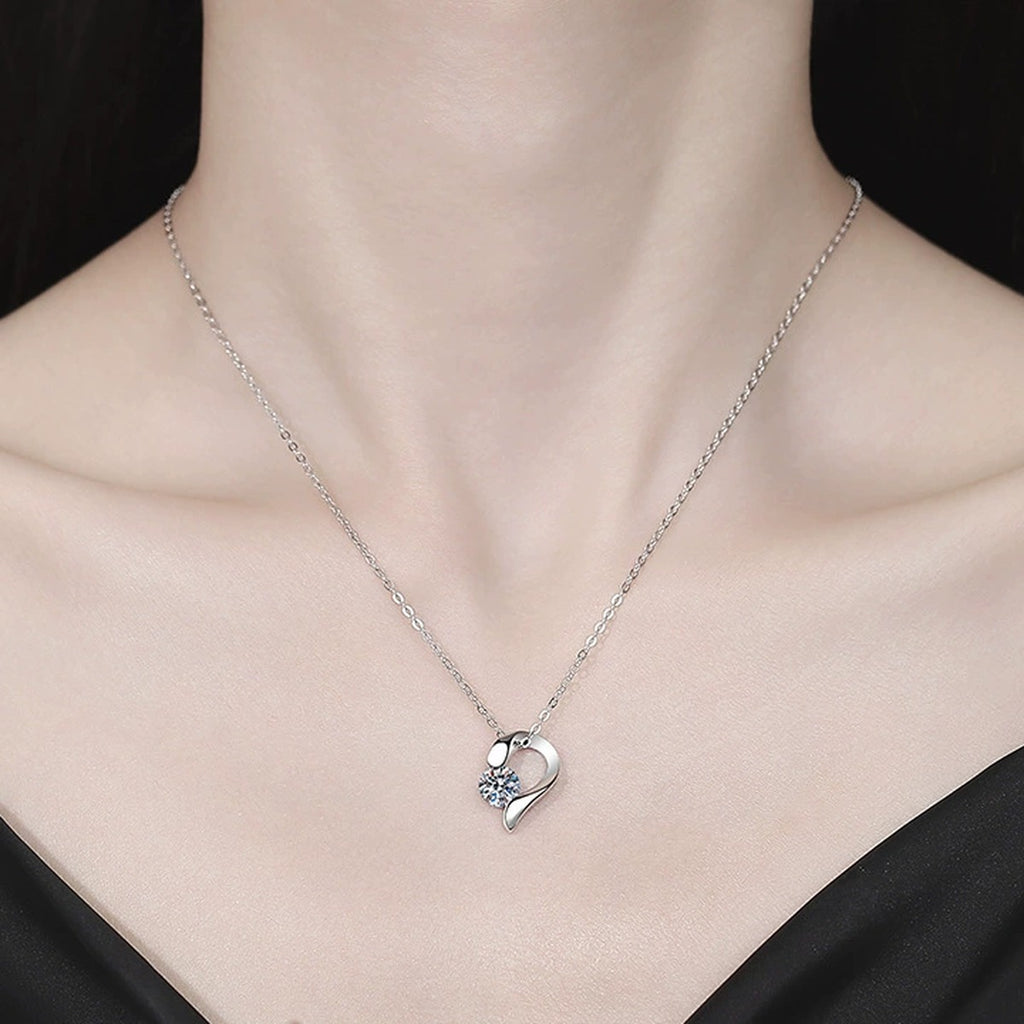 Swirl Moissanite Pendant Necklace in S925 Sterling Silver worn on neckline by model
