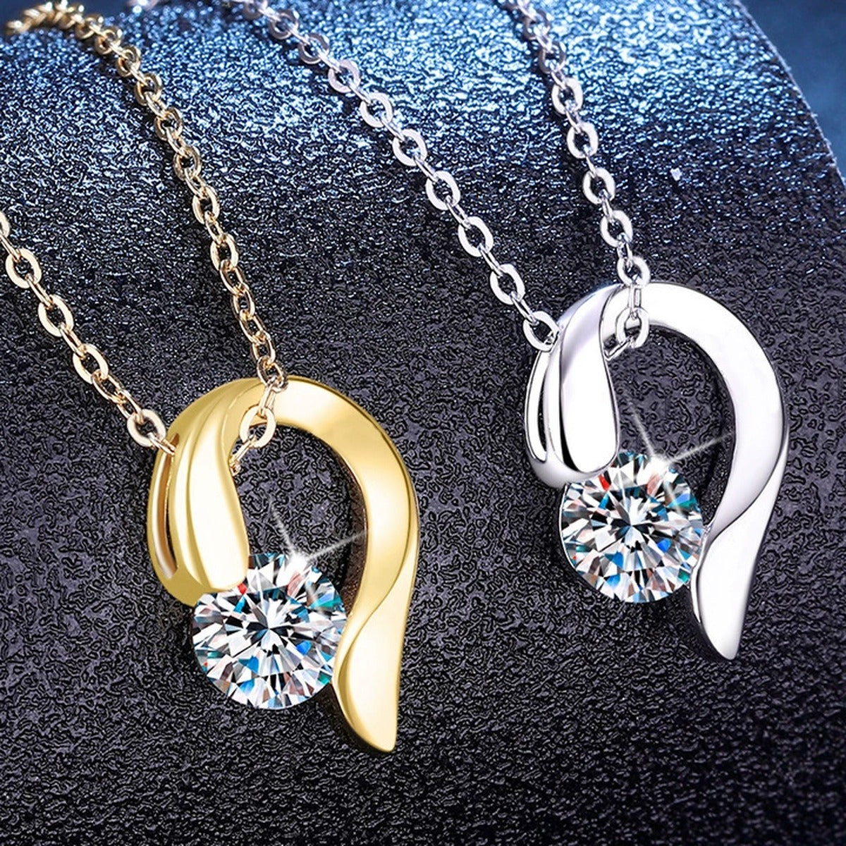 Swirl Moissanite Pendant Necklace in S925 Sterling Silver worn on neckline by model