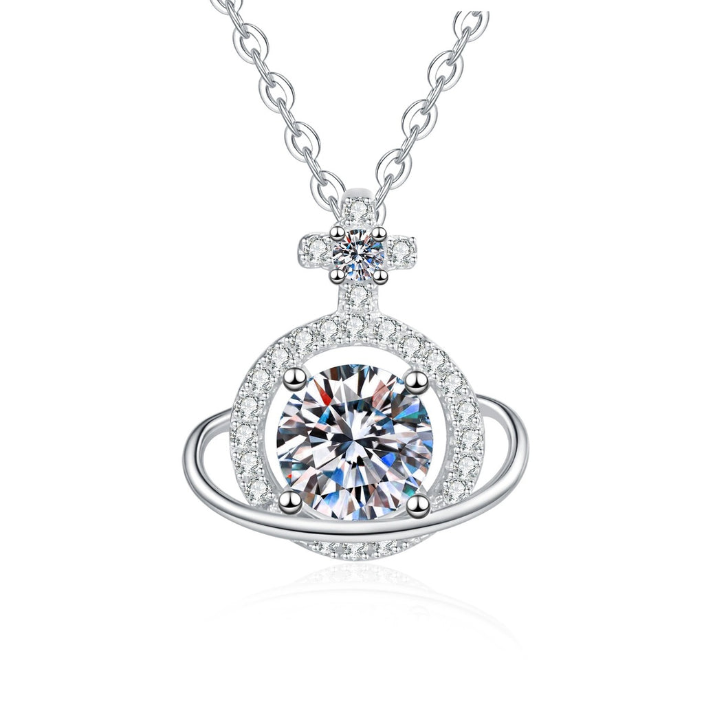 Saturn Halo Moissanite Pendant Necklace with Cubic Zirconia in Platinum-Plated S925 Sterling Silver on clean white background showing the planet-inspired halo pendant with a round moissanite center