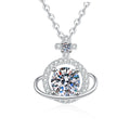 Saturn Halo Moissanite Pendant Necklace with Cubic Zirconia in Platinum-Plated S925 Sterling Silver on clean white background showing the planet-inspired halo pendant with a round moissanite center