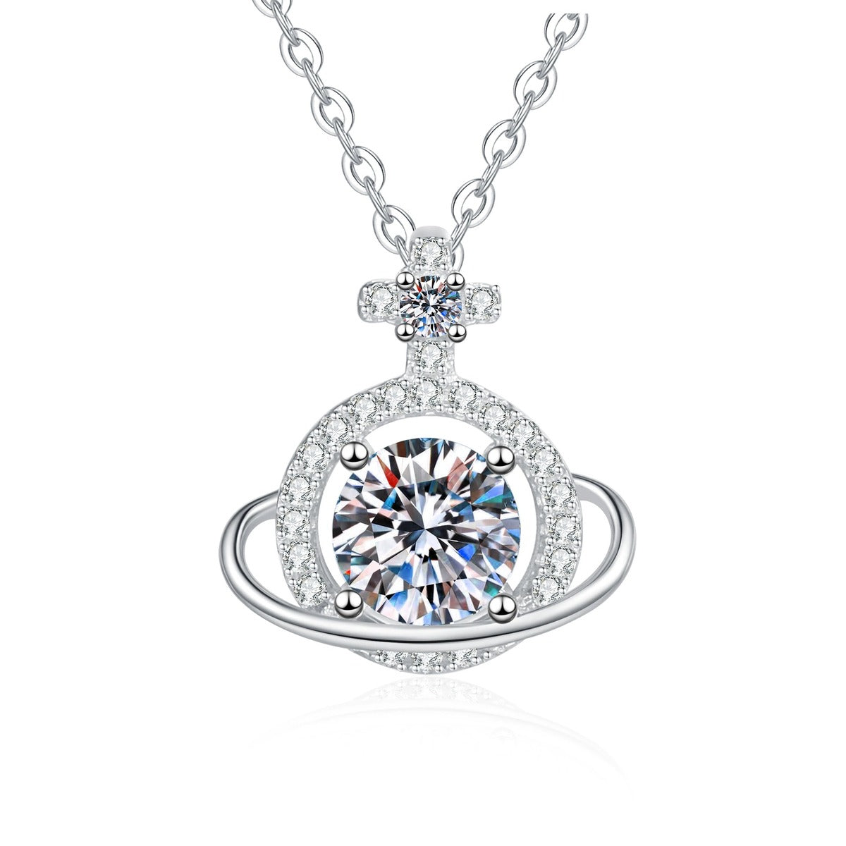 Saturn Halo Moissanite Pendant Necklace with Cubic Zirconia in Platinum-Plated S925 Sterling Silver on clean white background showing the planet-inspired halo pendant with a round moissanite center