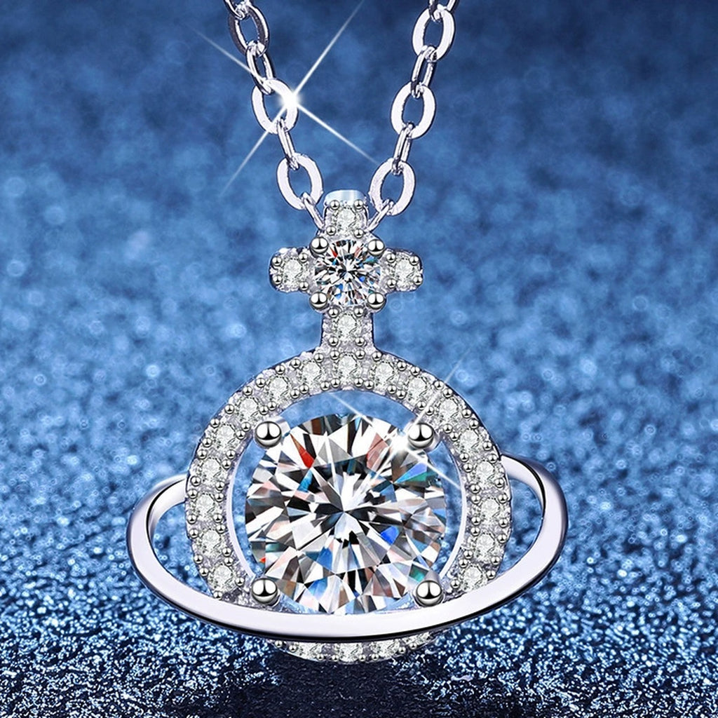Saturn Halo Moissanite Pendant Necklace with Cubic Zirconia in Platinum-Plated S925 Sterling Silver blue background product view