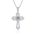 Cross Moissanite Pendant Necklace with Cubic Zirconia in Platinum-Plated S925 Sterling Silver on clean white background showing the cross pendant with pavé cubic zirconia and a moissanite center