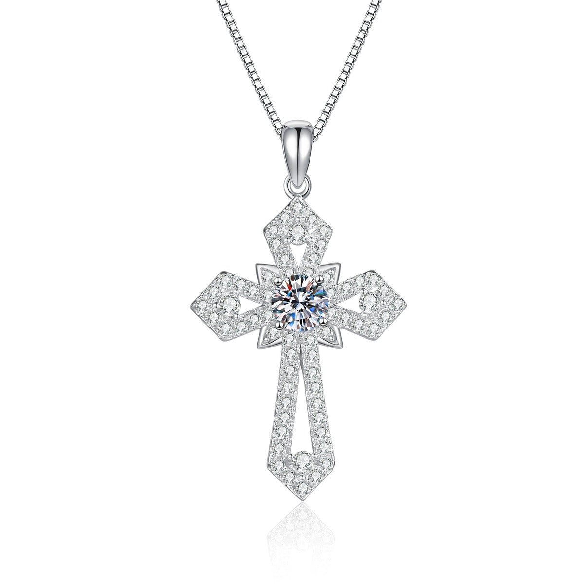 Cross Moissanite Pendant Necklace with Cubic Zirconia in Platinum-Plated S925 Sterling Silver on clean white background showing the cross pendant with pavé cubic zirconia and a moissanite center