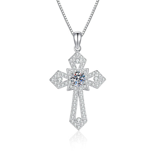 Cross Moissanite Pendant Necklace with Cubic Zirconia in Platinum-Plated S925 Sterling Silver on clean white background showing the cross pendant with pavé cubic zirconia and a moissanite center