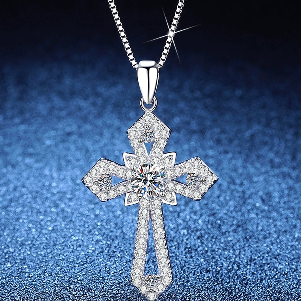 Cross Moissanite Pendant Necklace with Cubic Zirconia in Platinum-Plated S925 Sterling Silver blue background product view