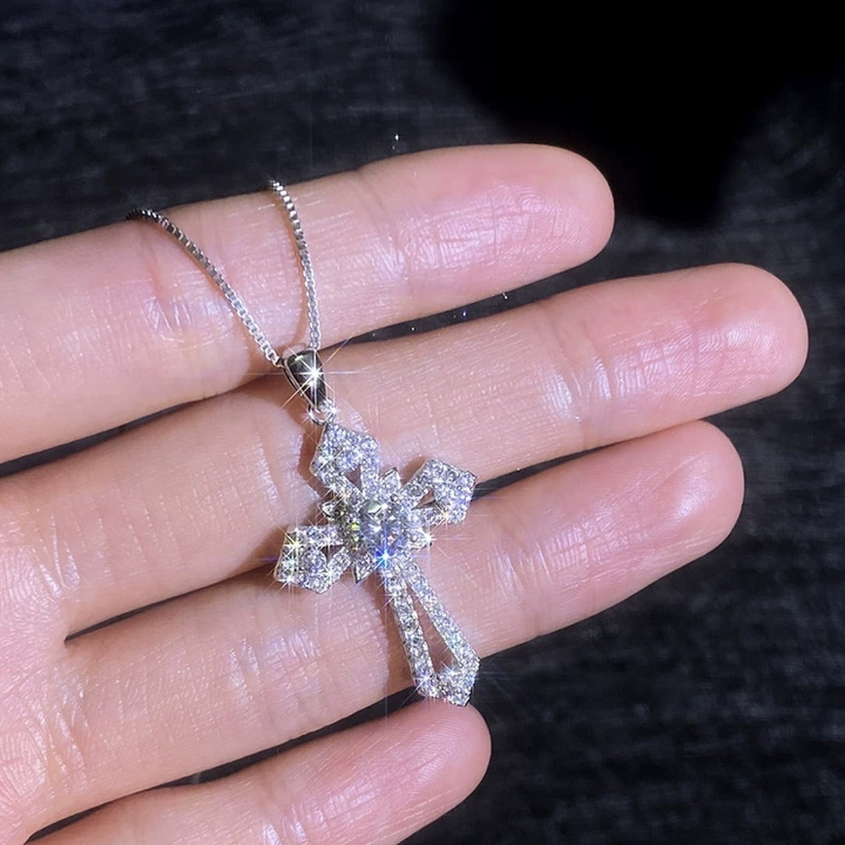 Cross Moissanite Pendant Necklace with Cubic Zirconia in Platinum-Plated S925 Sterling Silver dark background product display view