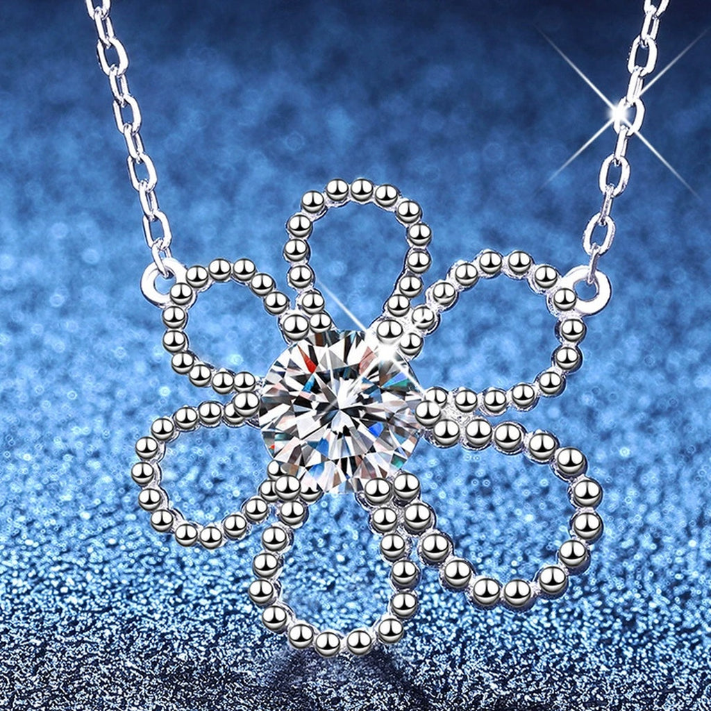 Open Flower Moissanite Pendant Necklace in Platinum-Plated S925 Sterling Silver blue background product view