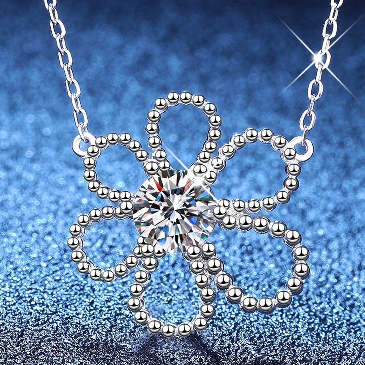 Open Flower Moissanite Pendant Necklace in Platinum-Plated S925 Sterling Silver blue background product view