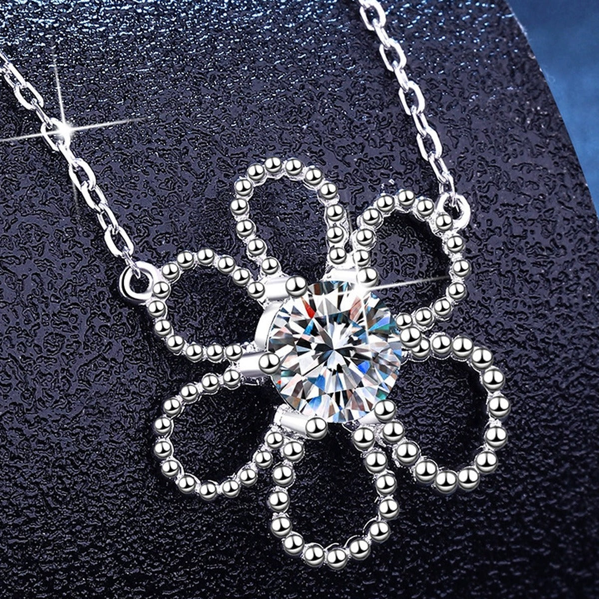 Open Flower Moissanite Pendant Necklace in Platinum-Plated S925 Sterling Silver dark background product display view
