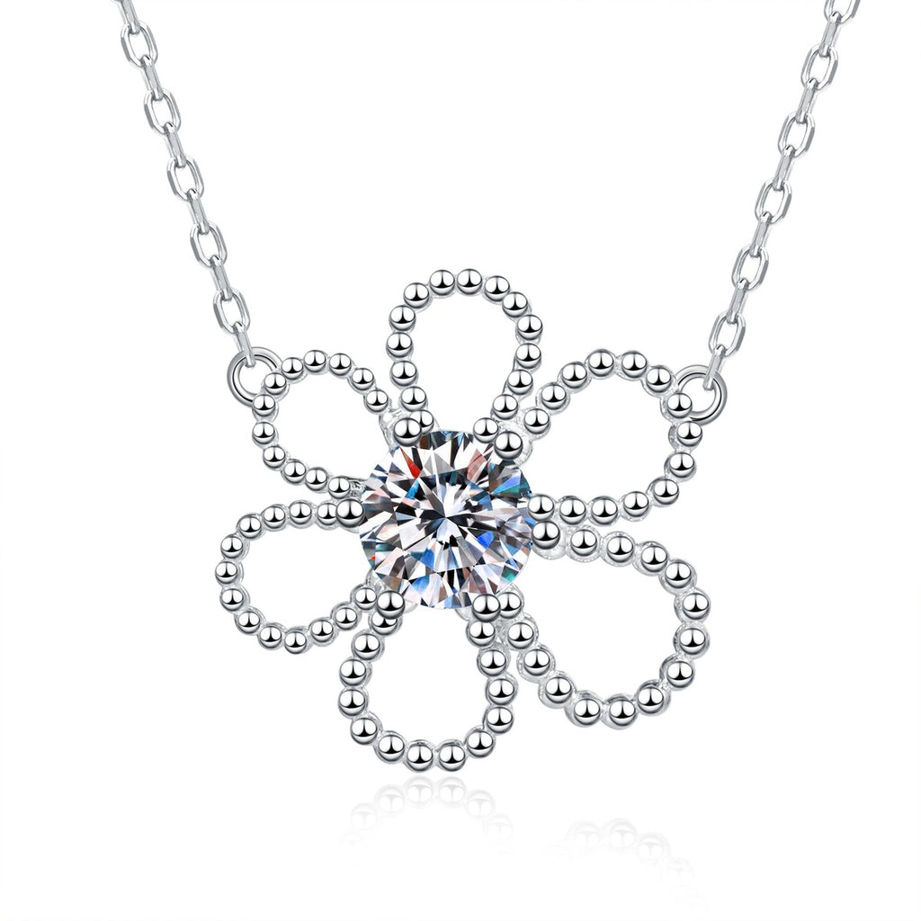 Open Flower Moissanite Pendant Necklace in Platinum-Plated S925 Sterling Silver on clean white background showing the open flower pendant with a round moissanite center