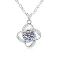 Floral Halo Moissanite Pendant Necklace with Cubic Zirconia in Platinum-Plated S925 Sterling Silver on clean white background showing the four-petal floral halo pendant around a round moissanite