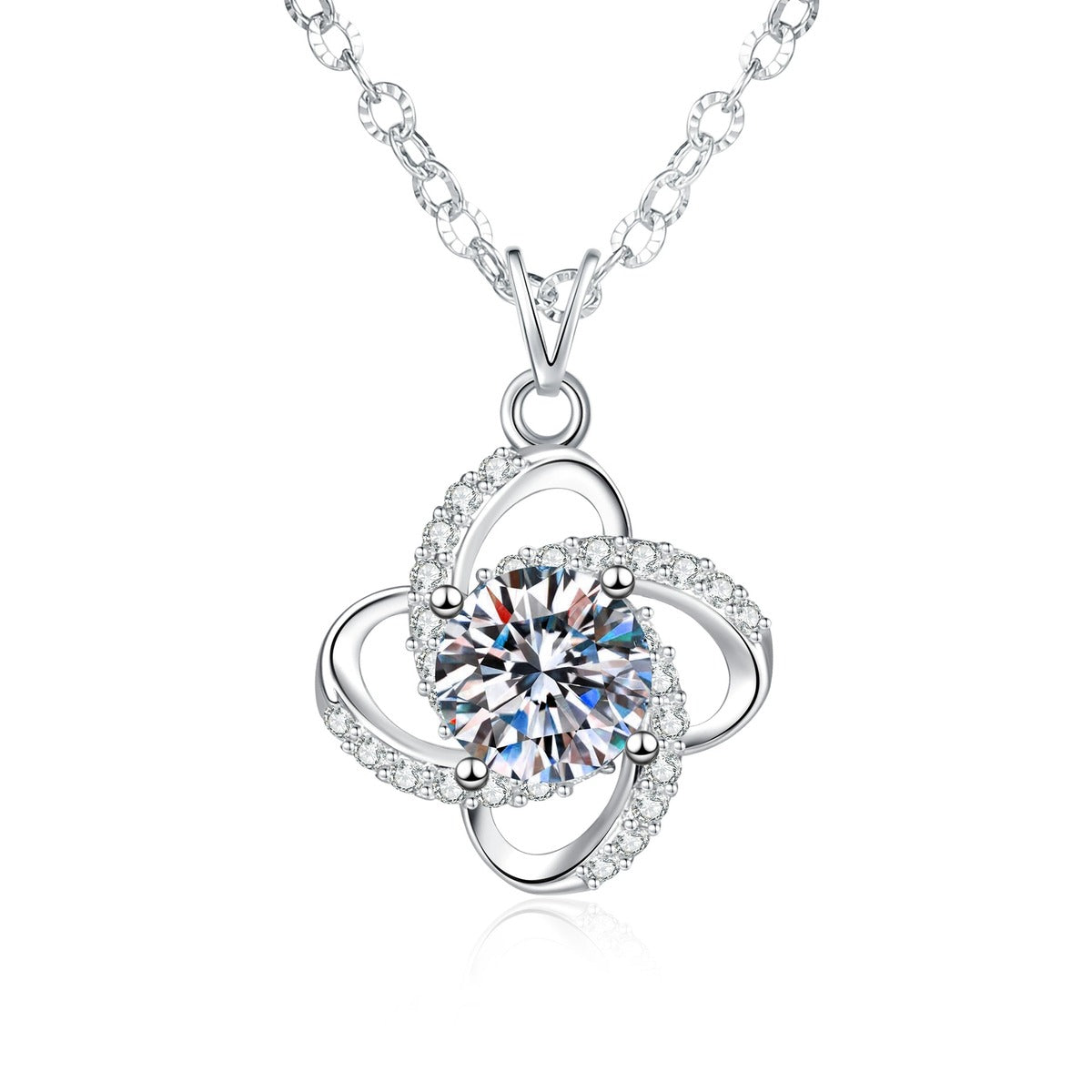 Floral Halo Moissanite Pendant Necklace with Cubic Zirconia in Platinum-Plated S925 Sterling Silver on clean white background showing the four-petal floral halo pendant around a round moissanite