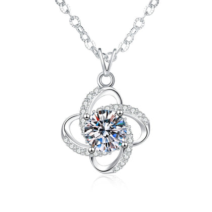 Floral Halo Moissanite Pendant Necklace with Cubic Zirconia in Platinum-Plated S925 Sterling Silver on clean white background showing the four-petal floral halo pendant around a round moissanite