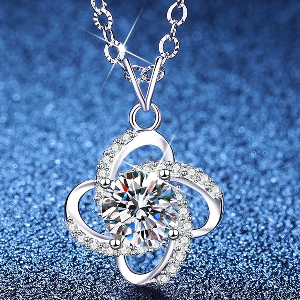 Floral Halo Moissanite Pendant Necklace with Cubic Zirconia in Platinum-Plated S925 Sterling Silver blue background product view