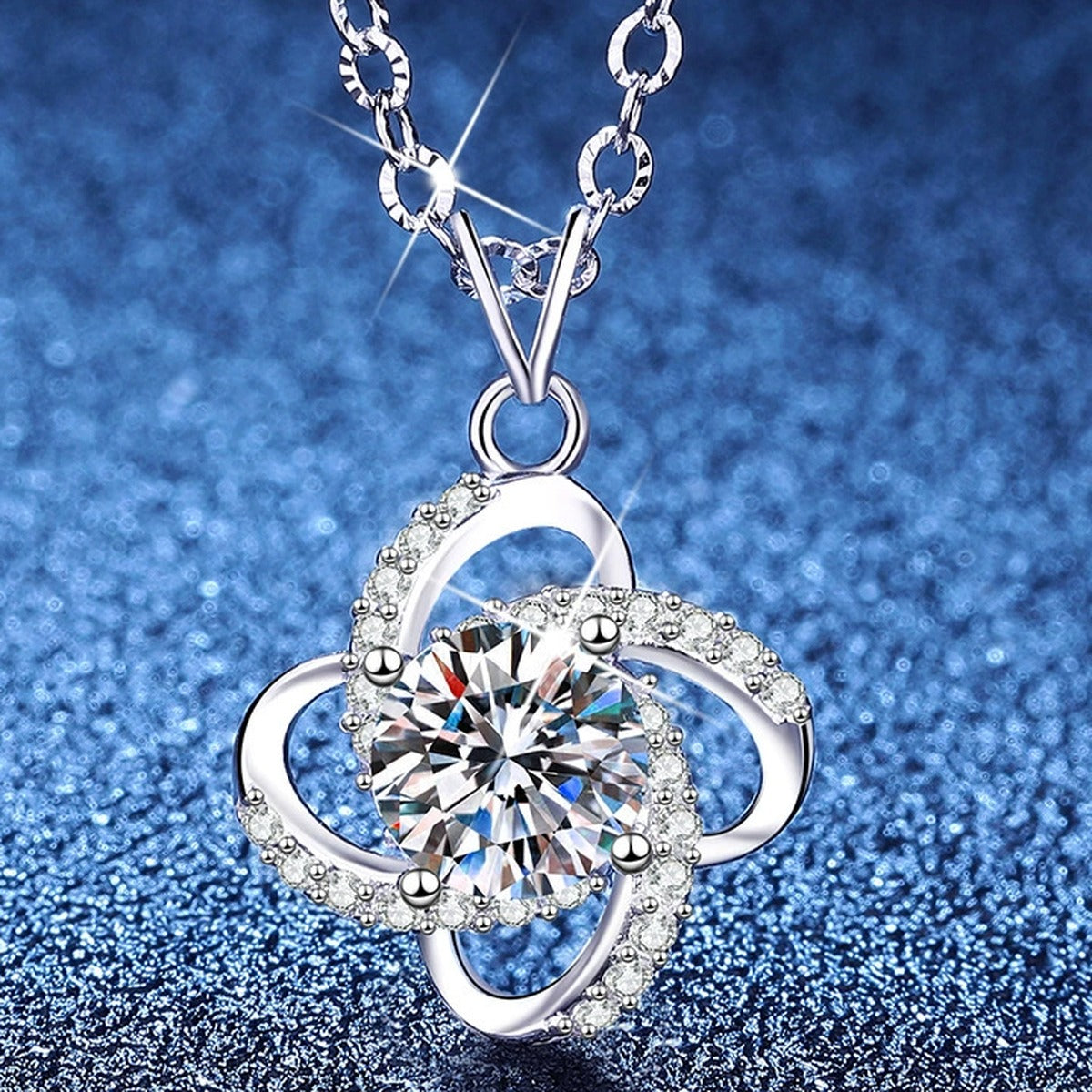 Floral Halo Moissanite Pendant Necklace with Cubic Zirconia in Platinum-Plated S925 Sterling Silver blue background product view