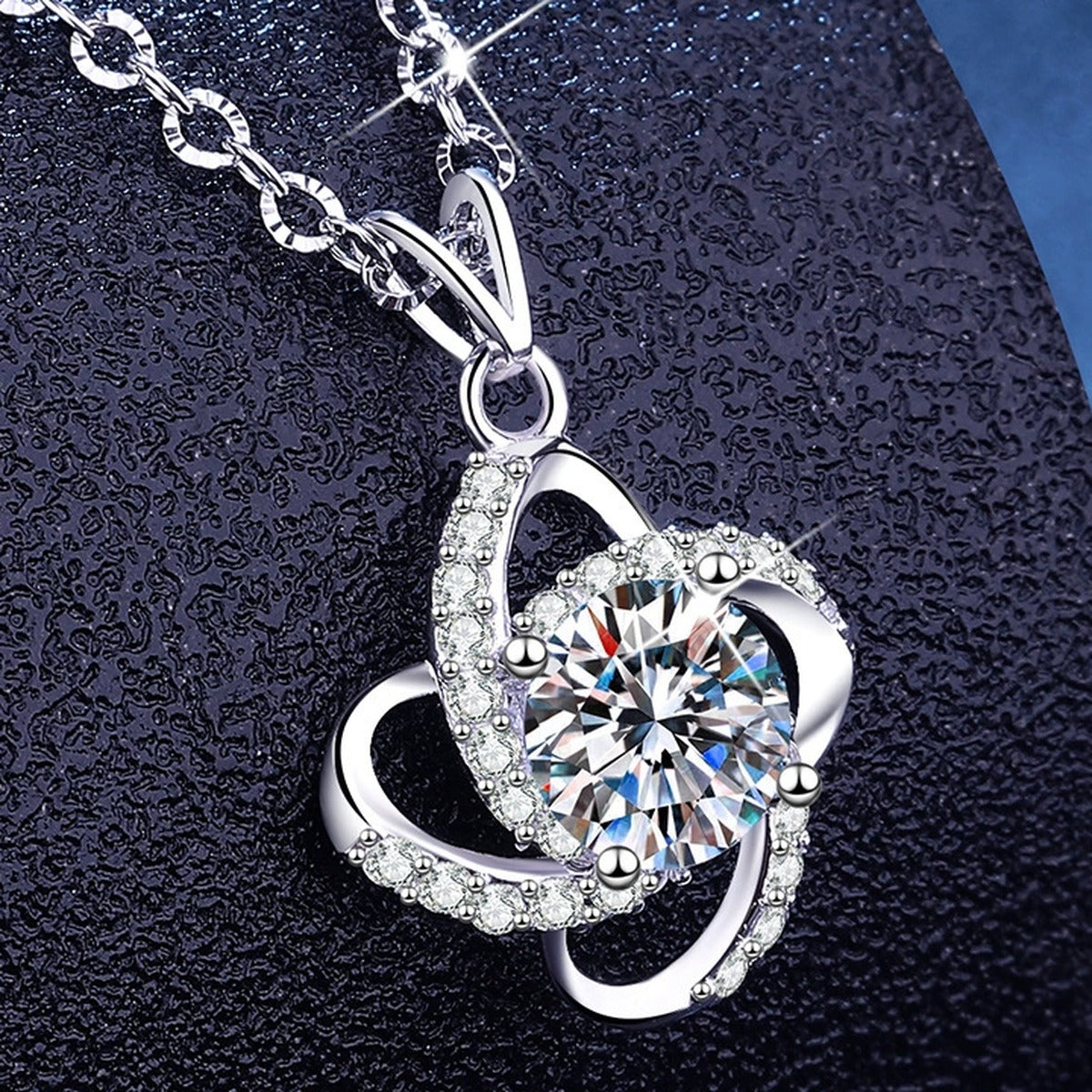 Floral Halo Moissanite Pendant Necklace with Cubic Zirconia in Platinum-Plated S925 Sterling Silver dark background product display view