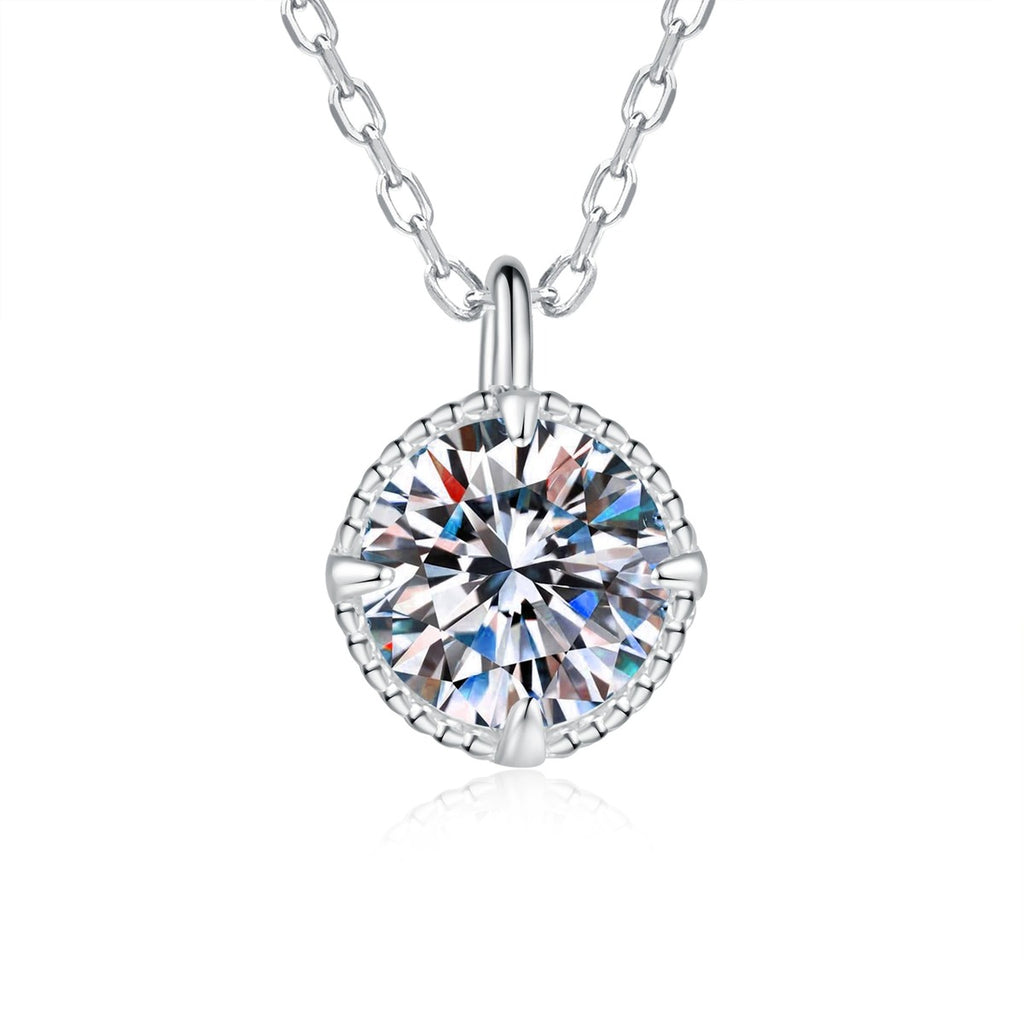 Solitaire Moissanite Pendant Necklace in Platinum-Plated S925 Sterling Silver on clean white background showing the round solitaire moissanite pendant in a minimal prong setting