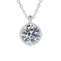 Solitaire Moissanite Pendant Necklace in Platinum-Plated S925 Sterling Silver on clean white background showing the round solitaire moissanite pendant in a minimal prong setting