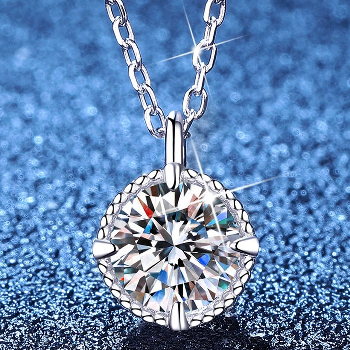 Solitaire Moissanite Pendant Necklace in Platinum-Plated S925 Sterling Silver blue background product view