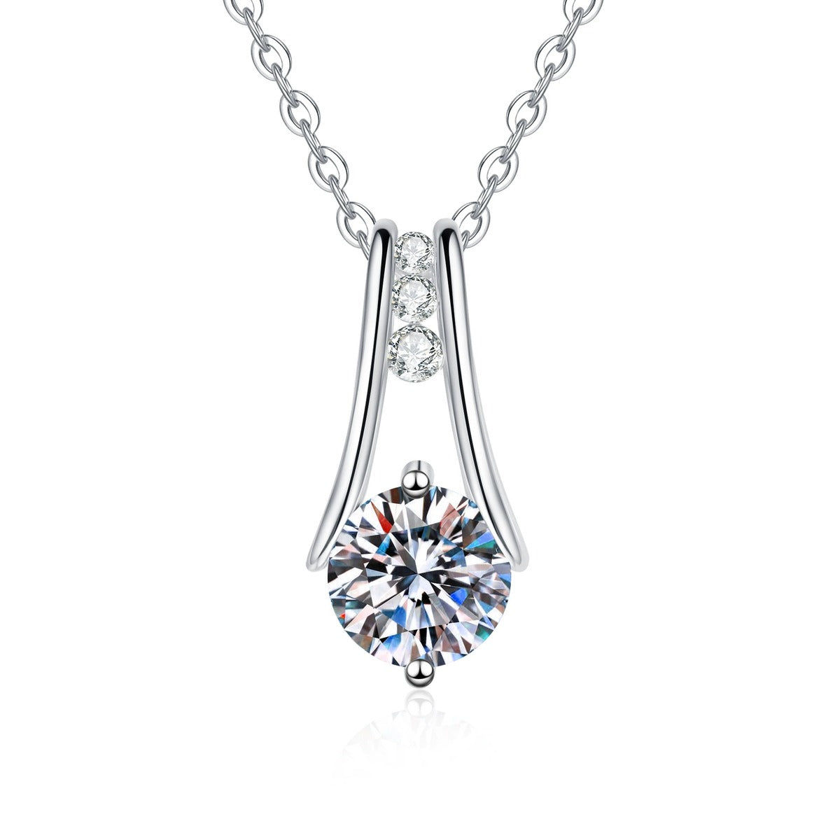 Teardrop Moissanite Pendant Necklace with Cubic Zirconia in Platinum-Plated S925 Sterling Silver on clean white background showing the slender teardrop pendant with a moissanite center