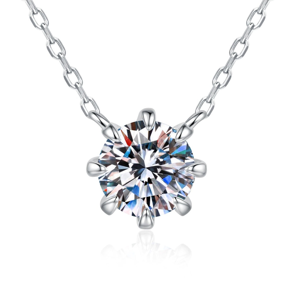 Six-Prong Moissanite Pendant Necklace in Platinum-Plated S925 Sterling Silver on clean white background showing the round six-prong solitaire moissanite pendant