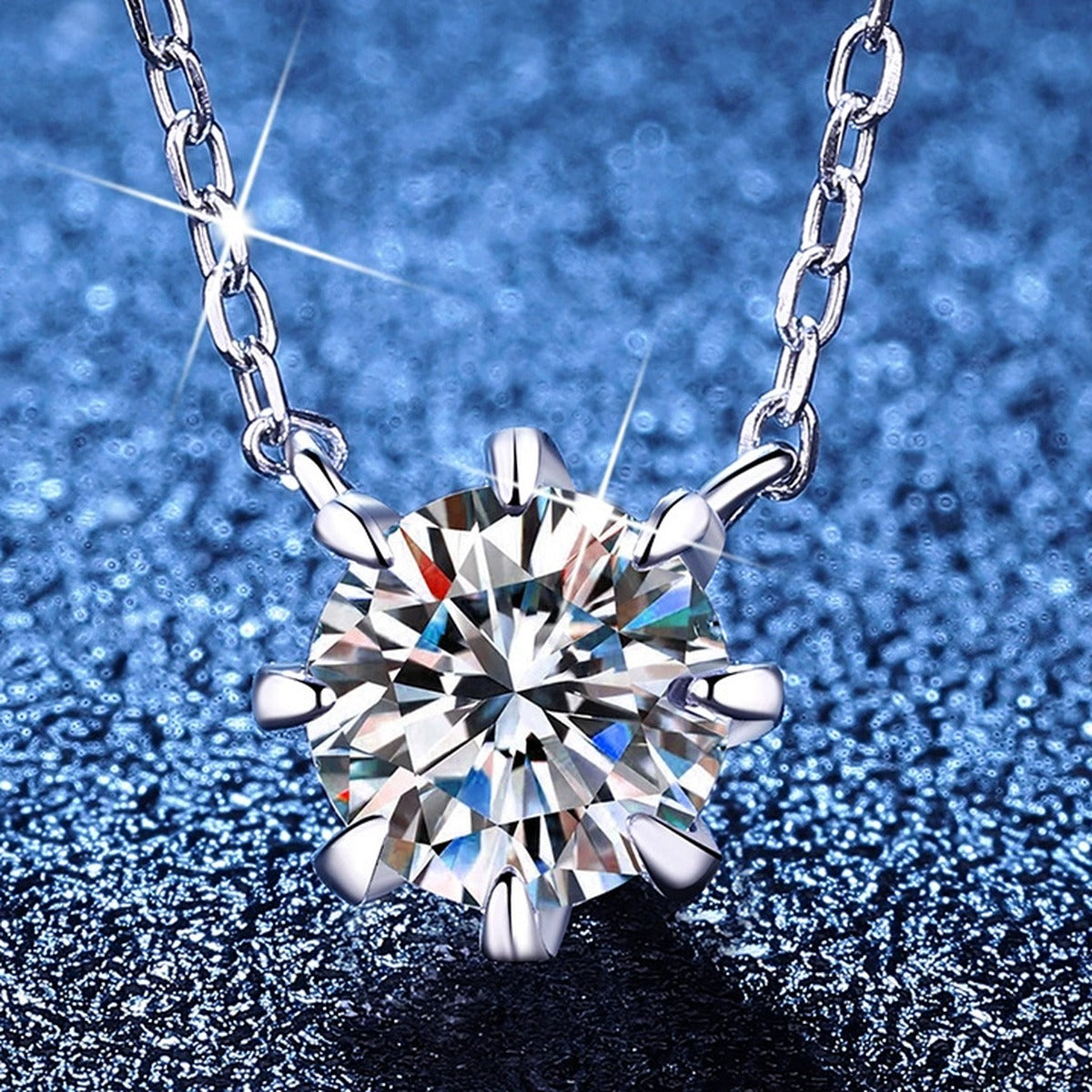 Six-Prong Moissanite Pendant Necklace in Platinum-Plated S925 Sterling Silver blue background product view