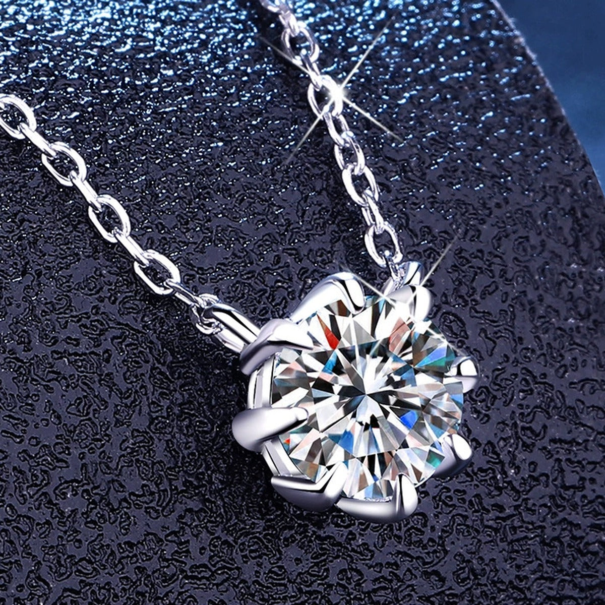 Six-Prong Moissanite Pendant Necklace in Platinum-Plated S925 Sterling Silver close-up product detail view