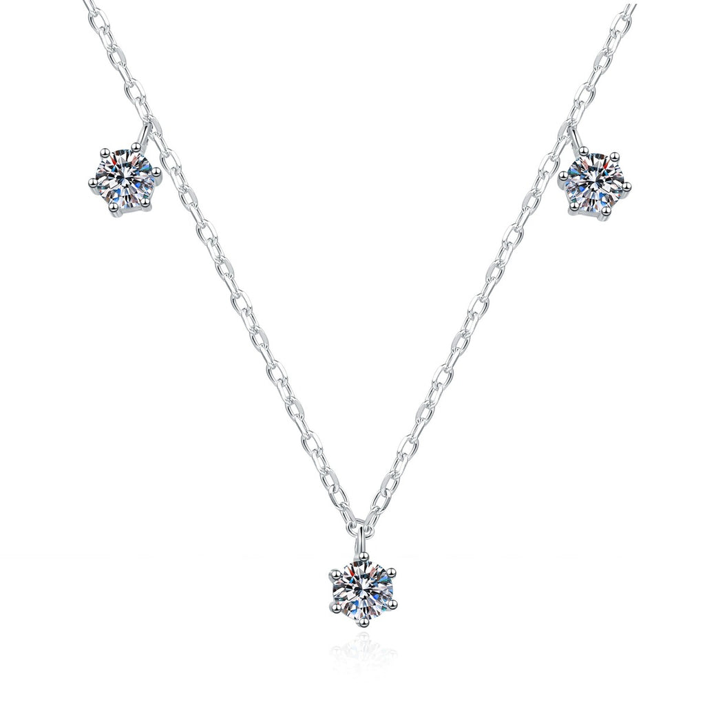 Station Moissanite Necklace in Platinum-Plated S925 Sterling Silver on clean white background showing the station necklace with three moissanite accents along the chain