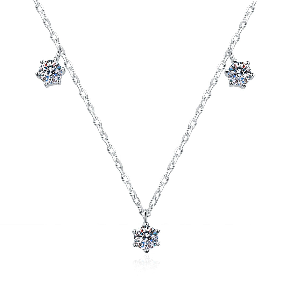 Station Moissanite Necklace in Platinum-Plated S925 Sterling Silver on clean white background showing the station necklace with three moissanite accents along the chain