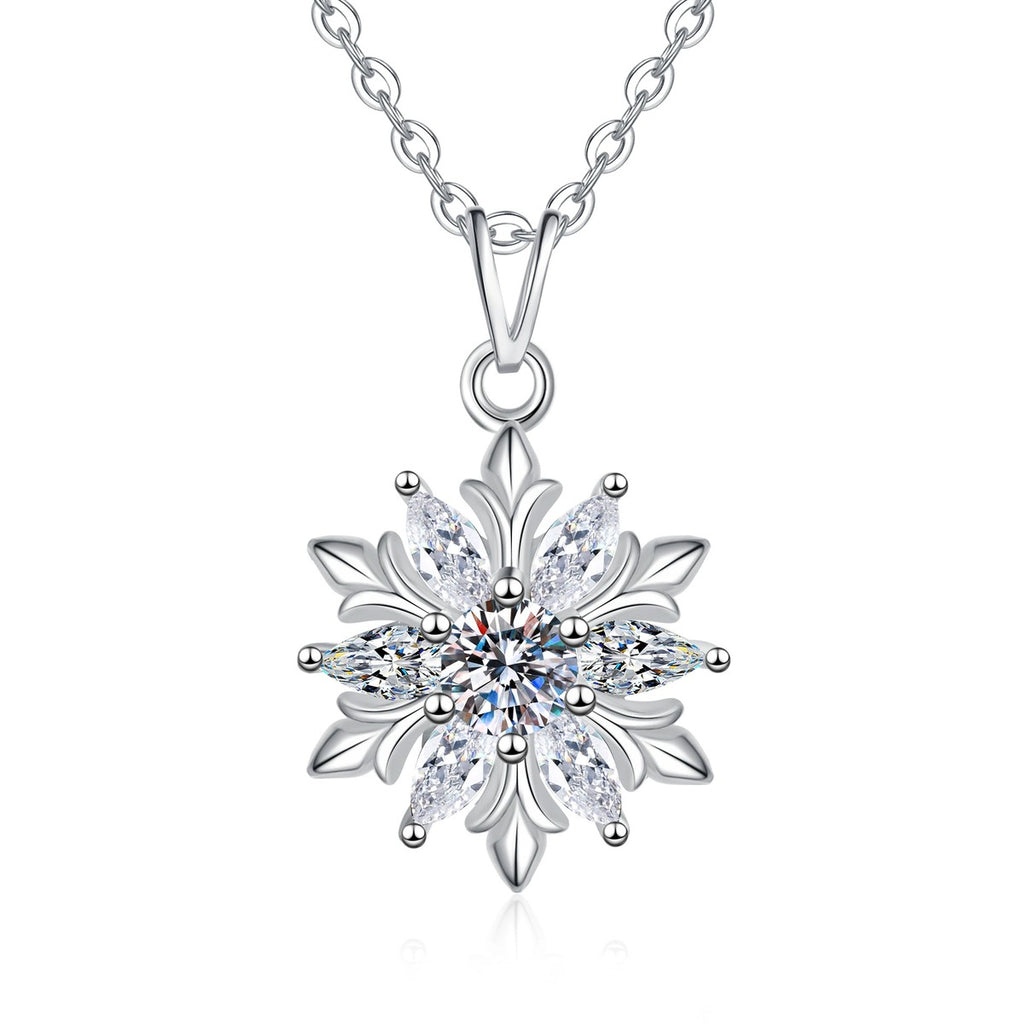 Sunflower Moissanite Pendant Necklace with Cubic Zirconia in S925 Sterling Silver on clean white background showing the sunflower pendant offered in white gold and yellow gold finishes