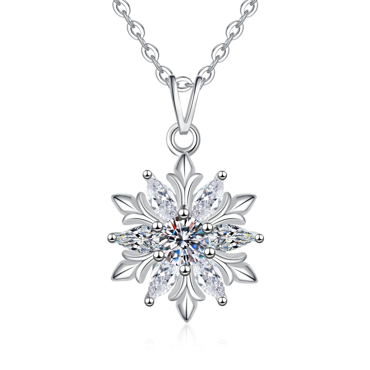 Sunflower Moissanite Pendant Necklace with Cubic Zirconia in S925 Sterling Silver on clean white background showing the sunflower pendant offered in white gold and yellow gold finishes