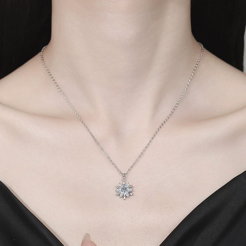 Sunflower Moissanite Pendant Necklace with Cubic Zirconia in S925 Sterling Silver worn on neckline by model