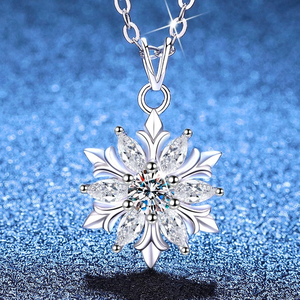 Sunflower Moissanite Pendant Necklace with Cubic Zirconia in S925 Sterling Silver blue background angled view