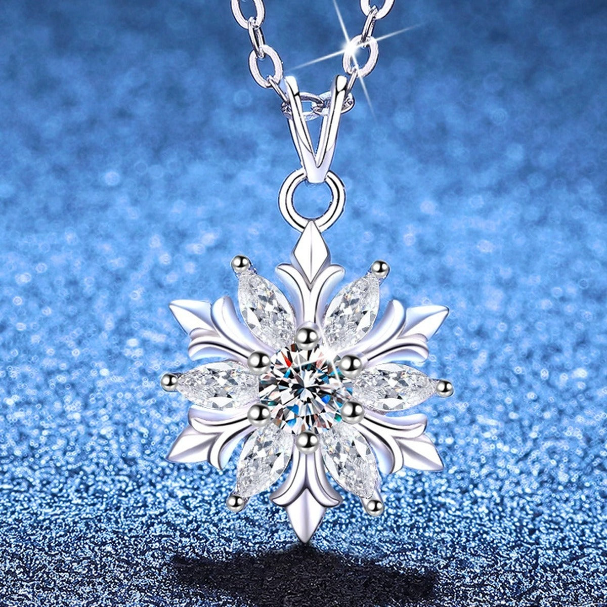 Sunflower Moissanite Pendant Necklace with Cubic Zirconia in S925 Sterling Silver blue background angled view
