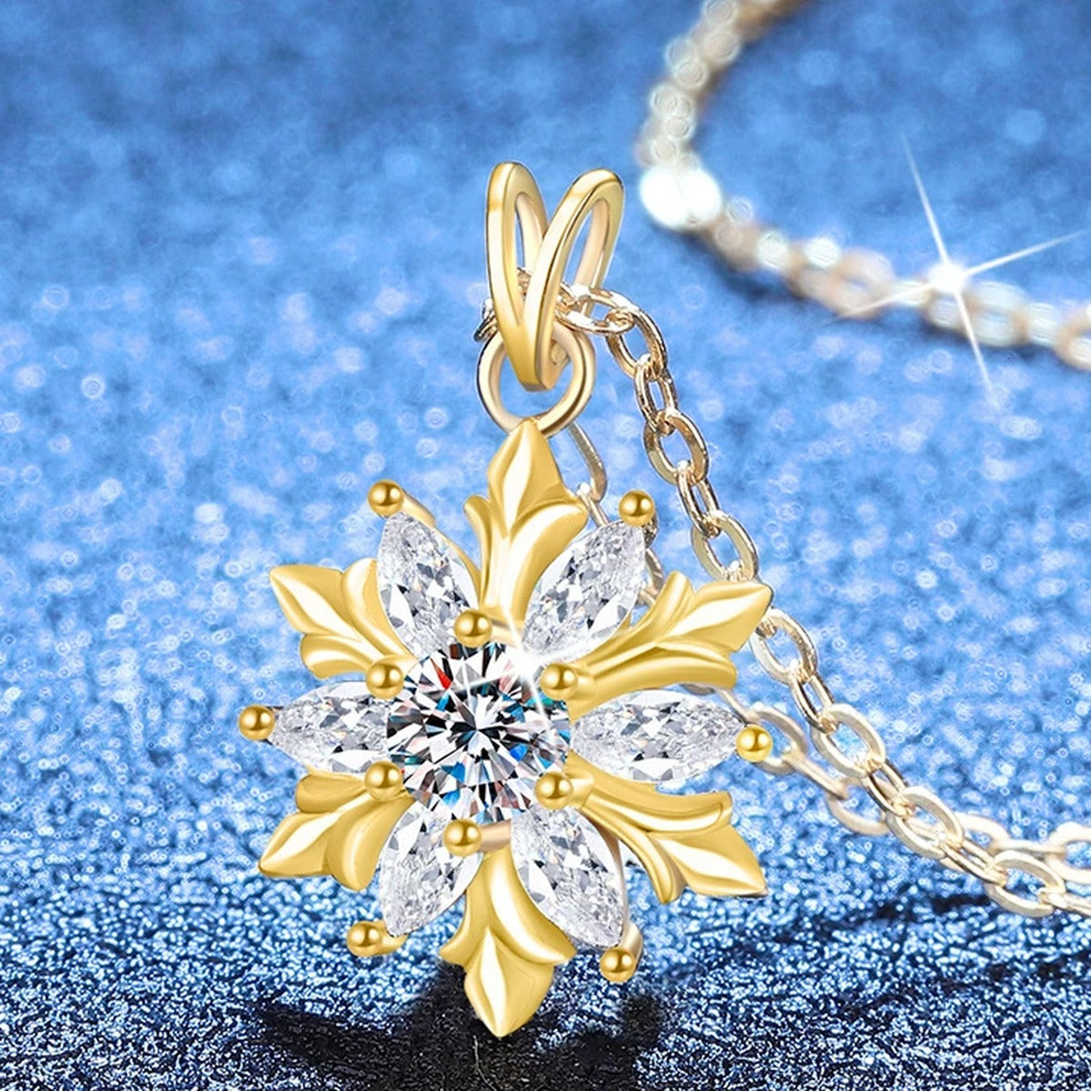 Sunflower Moissanite Pendant Necklace with Cubic Zirconia in S925 Sterling Silver blue background close-up view