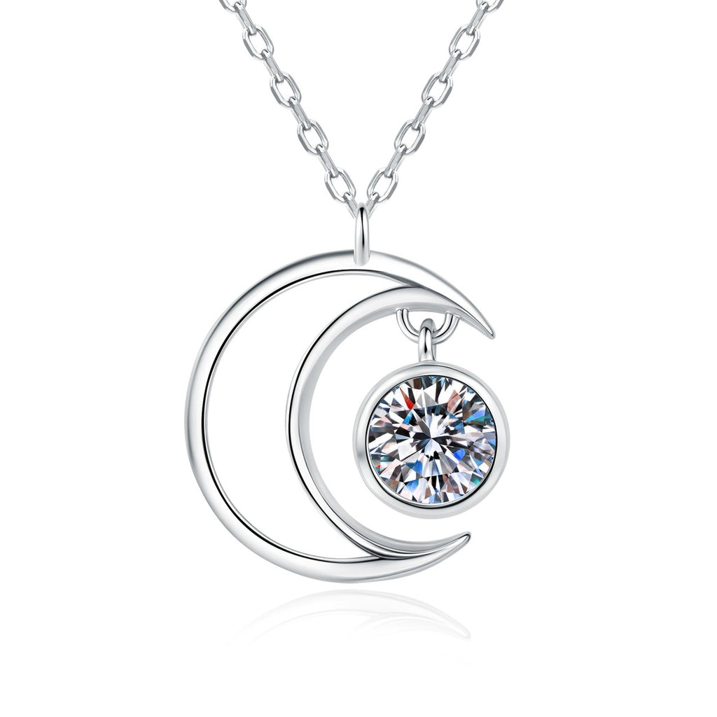 Crescent Moon Moissanite Pendant Necklace in Platinum-Plated S925 Sterling Silver on clean white background showing the crescent moon pendant wrapping around a round moissanite center