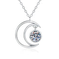 Crescent Moon Moissanite Pendant Necklace in Platinum-Plated S925 Sterling Silver on clean white background showing the crescent moon pendant wrapping around a round moissanite center