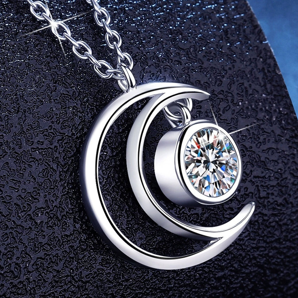 Crescent Moon Moissanite Pendant Necklace in Platinum-Plated S925 Sterling Silver dark background product display view