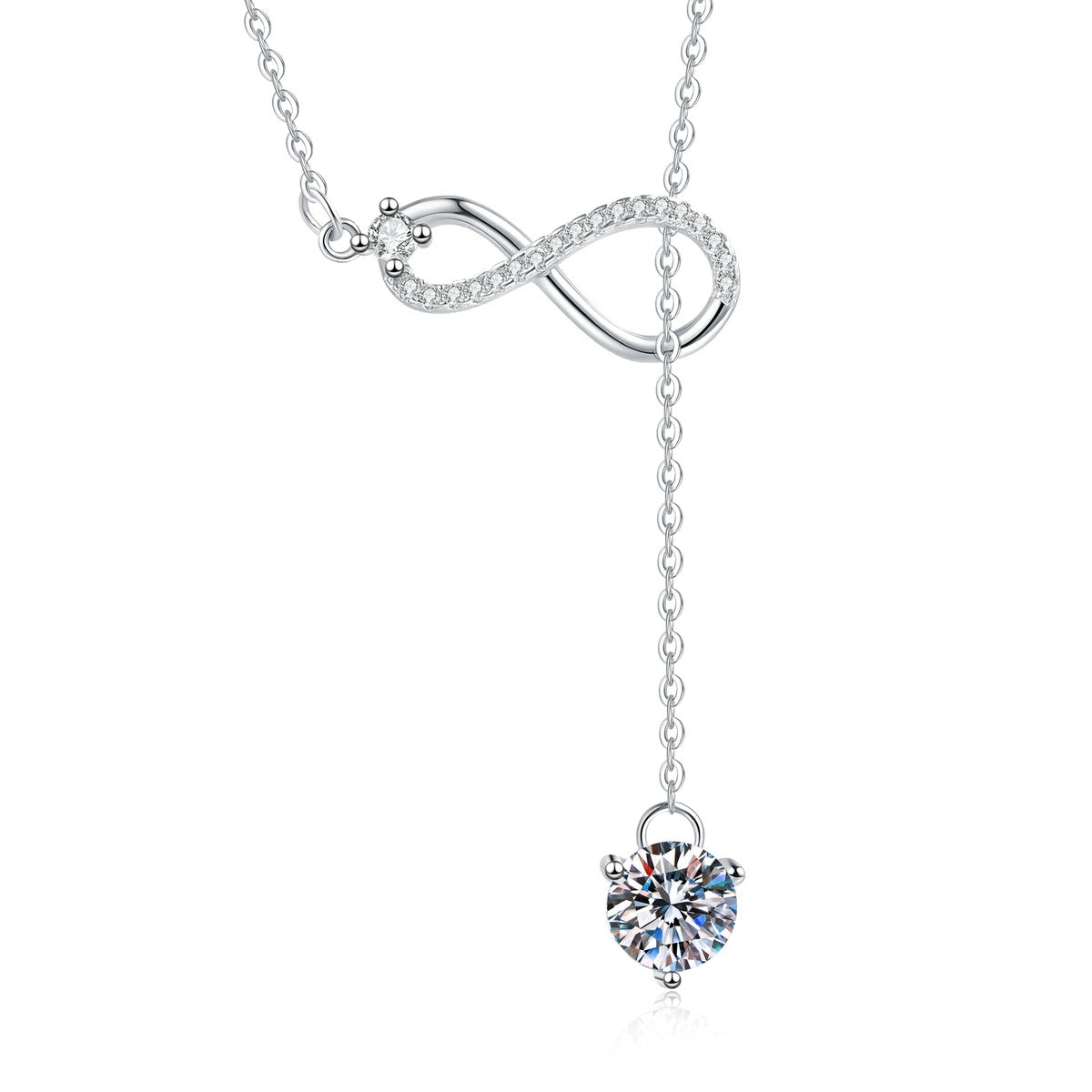 Drop Moissanite Pendant Necklace with Cubic Zirconia in Platinum-Plated S925 Sterling Silver on clean white background showing the long drop pendant with a round moissanite suspended below a slim bar